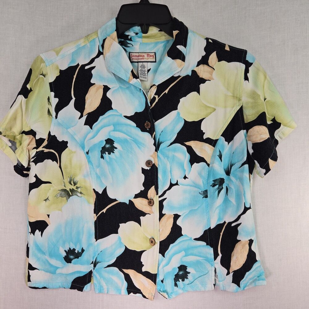 Jamaica Bay Blue Floral Hawaiian Camp Shirt Womens L Tropical Button Vacation